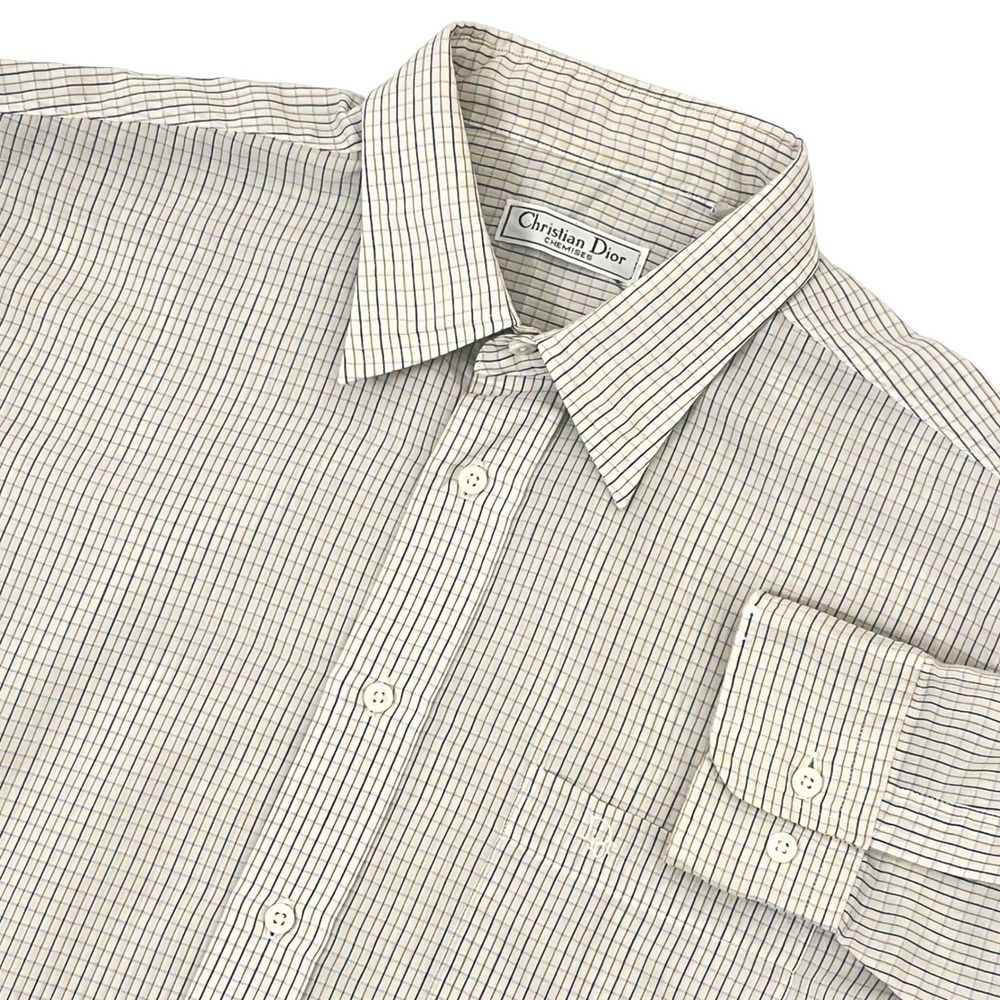 Vintage Christian Dior Chemises Dress Shirt 16 32/33 Cream Blue Grid Long Sleeve